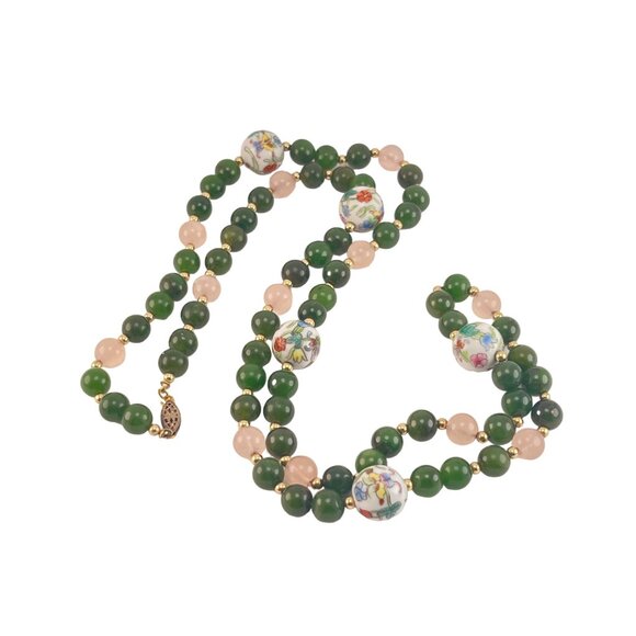 Jade Nephrite Rose Quartz Beaded Vintage GlassNecklace With Floral Porcelain Acc - Picture 9 of 9
